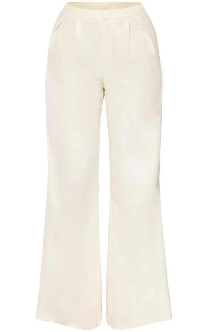 Cream Woven Pleated Mid Rise Wide Leg Pants