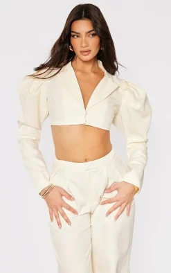 Cream Woven Puff Sleeve Cropped Blazer