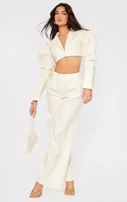 Cream Woven Puff Sleeve Cropped Blazer