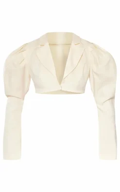 Cream Woven Puff Sleeve Cropped Blazer