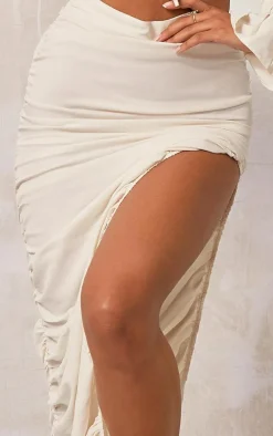 Cream Woven Ruched Side Detail Split Leg Midaxi Skirt