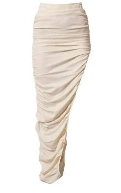 Cream Woven Ruched Side Detail Split Leg Midaxi Skirt