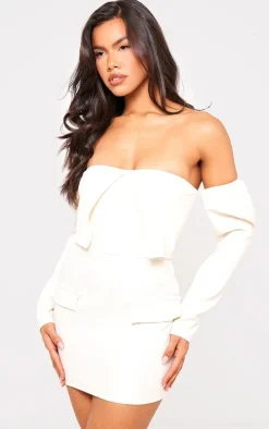 Cream Woven Tailored Long Sleeve Bardot Pocket Detail Mini Dress