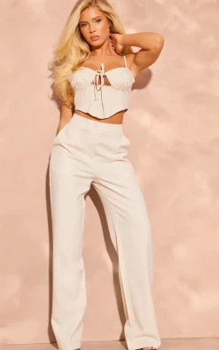 Cream Woven Tailored Mid Rise Wide Leg Pants