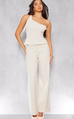 Cream Woven Tailored Wide Leg Belt Detail Pants