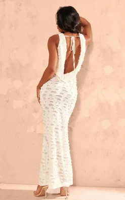 Cream Woven Textured Cowl Neck Maxi Dress