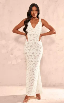 Cream Woven Textured Cowl Neck Maxi Dress