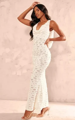 Cream Woven Textured Cowl Neck Maxi Dress