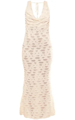 Cream Woven Textured Cowl Neck Maxi Dress