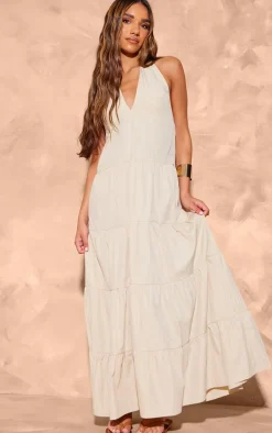 Cream Woven Tie Halterneck Tiered Maxi Dress