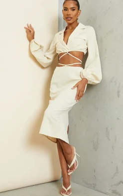 Cream Woven Tie Waist Midi Skirt