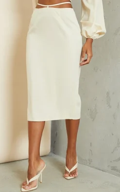 Cream Woven Tie Waist Midi Skirt