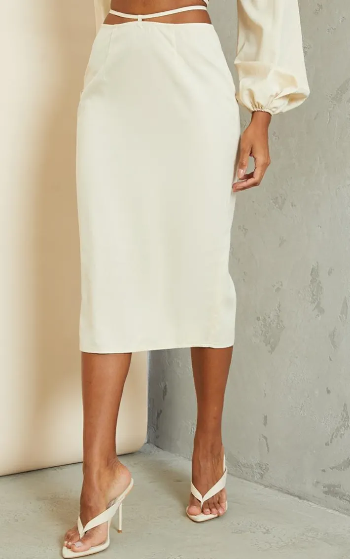 Cream Woven Tie Waist Midi Skirt