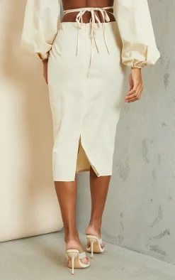 Cream Woven Tie Waist Midi Skirt