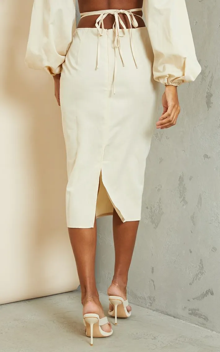 Cream Woven Tie Waist Midi Skirt