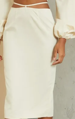 Cream Woven Tie Waist Midi Skirt