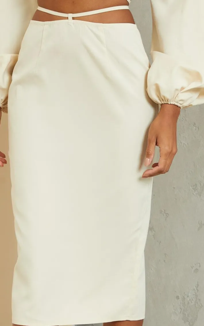 Cream Woven Tie Waist Midi Skirt