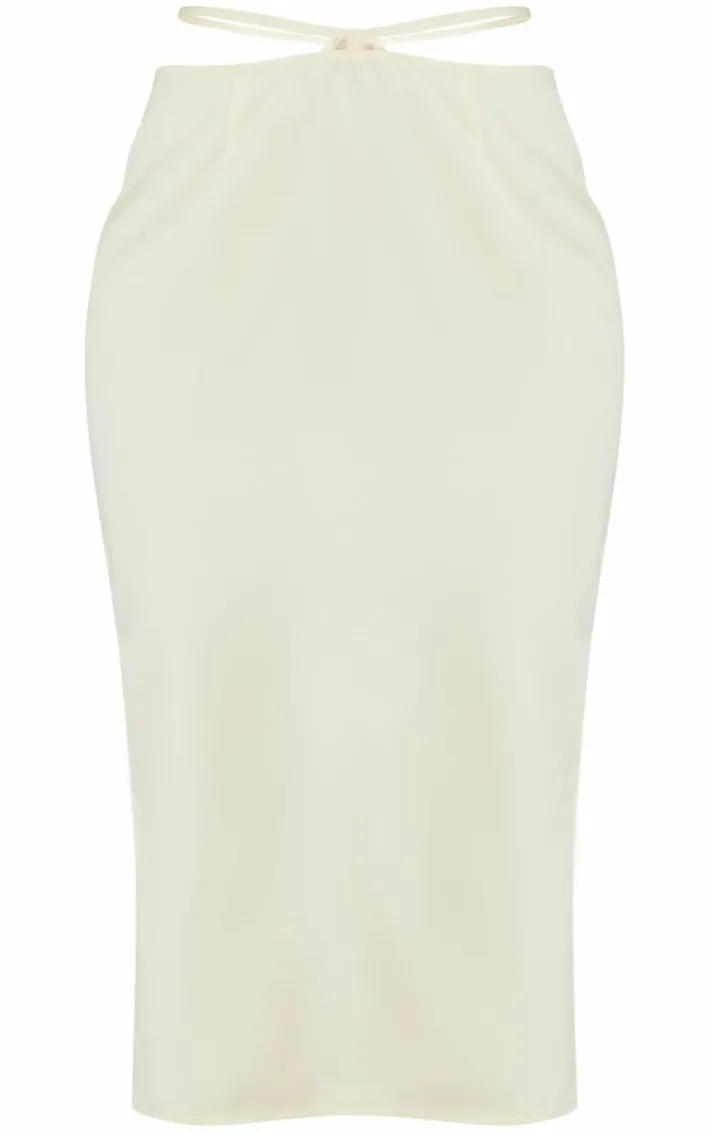 Cream Woven Tie Waist Midi Skirt