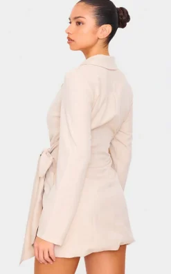 Cream Woven Tie Wrap Blazer Dress