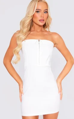 Cream Zip Front Utility Pocket Detail Bandeau Bodycon Dress
