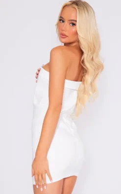 Cream Zip Front Utility Pocket Detail Bandeau Bodycon Dress