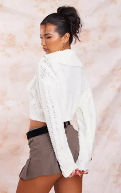 Cream Zip Up Knitted Cable Sweater