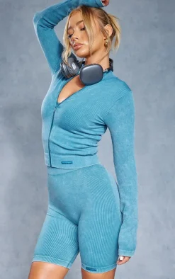 Dark Blue Acid Wash Seamless Ribbed Zip Up Cropped Sports Jacket