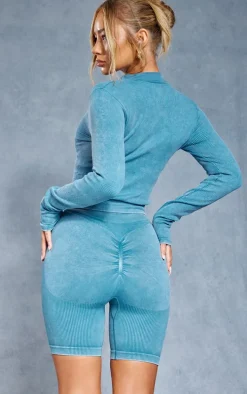 Dark Blue Acid Wash Seamless Ribbed Zip Up Cropped Sports Jacket