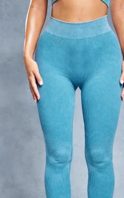 Dark Blue Acid Wash Seamless Rib High Waist Gym Leggings