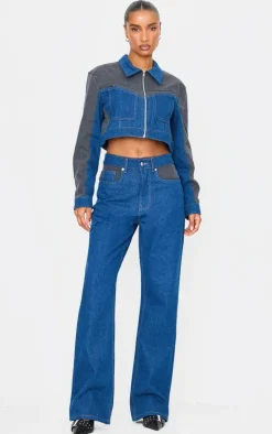 Dark Blue And Black Contrast Panel Cropped Denim Jacket