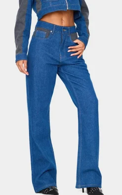 Dark Blue And Black Contrast Panel Wide Leg Jeans