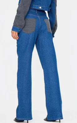 Dark Blue And Black Contrast Panel Wide Leg Jeans