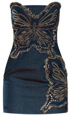 Dark Blue Butterfly Denim Applique Bandeau Mini Dress
