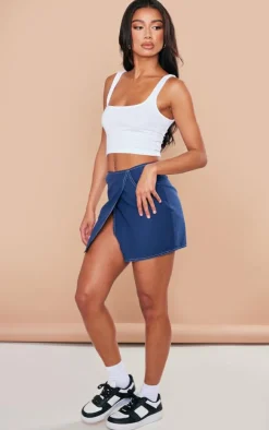 Dark Blue Contrast Stitch Lightweight Twill Fold Over Mini Skirt