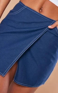 Dark Blue Contrast Stitch Lightweight Twill Fold Over Mini Skirt