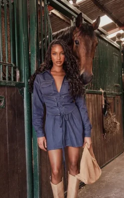 Dark Blue Contrast Stitch Denim Look Corset Shirt Dress