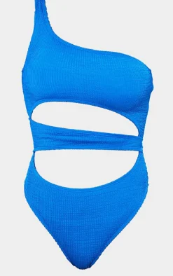 Dark Blue Crinkle Cut Out One Shoulder Swimsuit