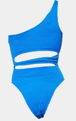 Dark Blue Crinkle Cut Out One Shoulder Swimsuit