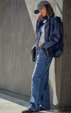 Dark Blue Croc Faux Leather Zip Up Jacket