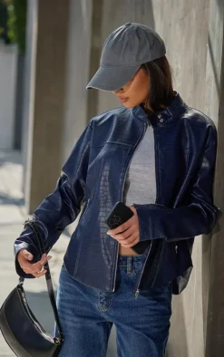 Dark Blue Croc Faux Leather Zip Up Jacket