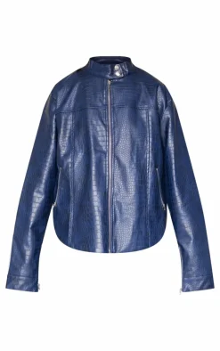 Dark Blue Croc Faux Leather Zip Up Jacket