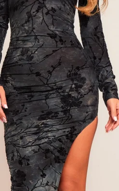 Dark Blue Floral Devore Soft Touch Long Sleeve Splt Maxi Dress