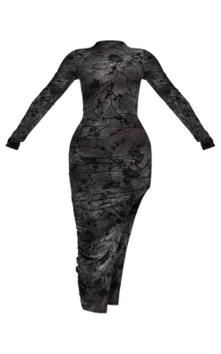 Dark Blue Floral Devore Soft Touch Long Sleeve Splt Maxi Dress