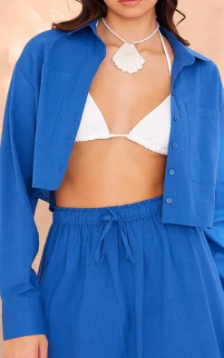 Dark Blue Linen Look Cropped Pocket Detail Shirt