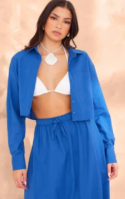 Dark Blue Linen Look Cropped Pocket Detail Shirt