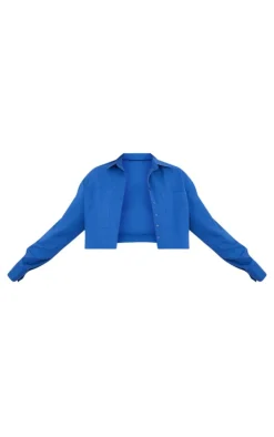 Dark Blue Linen Look Cropped Pocket Detail Shirt