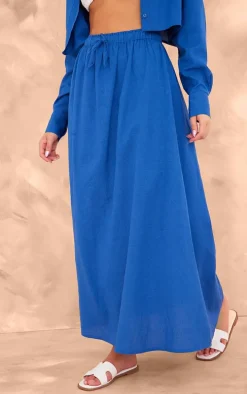 Dark Blue Linen Look Drawstring Waist Maxi Skirt