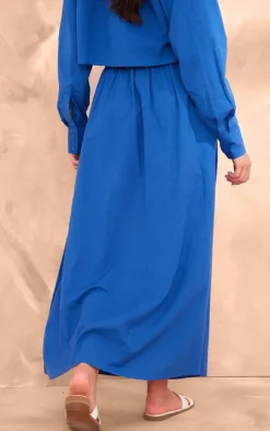 Dark Blue Linen Look Drawstring Waist Maxi Skirt