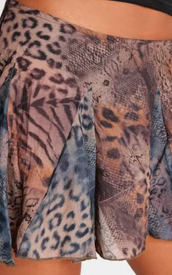 Dark Blue Mixed Leopard Printed Floaty Chiffon Mini Skirt