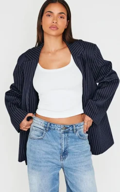 Dark Blue Pinstripe Double Breasted Oversized Blazer